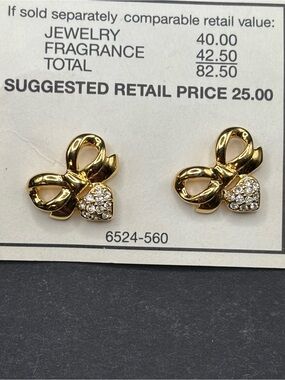 Vintage Elizabeth Taylor White Diamonds Gold Bow Pave Rhinestone Heart Earrings